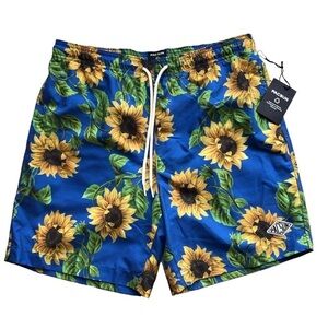 PacSun Sunflower Print Blue Yellow Swim Trunks Mens Small